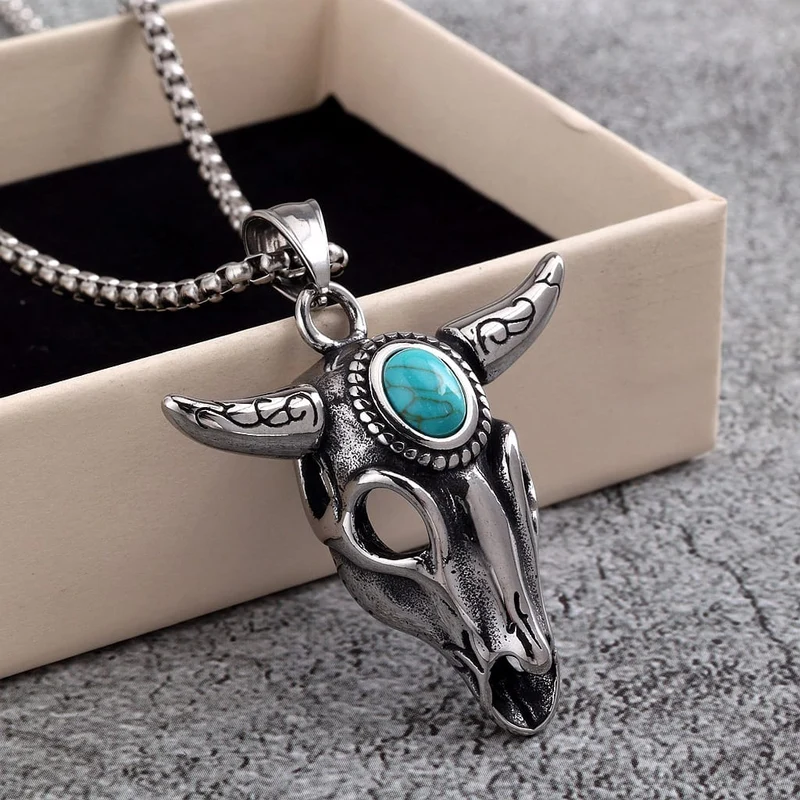 Punk-Halskette für Herren mit türkisfarbenem Stierkopf