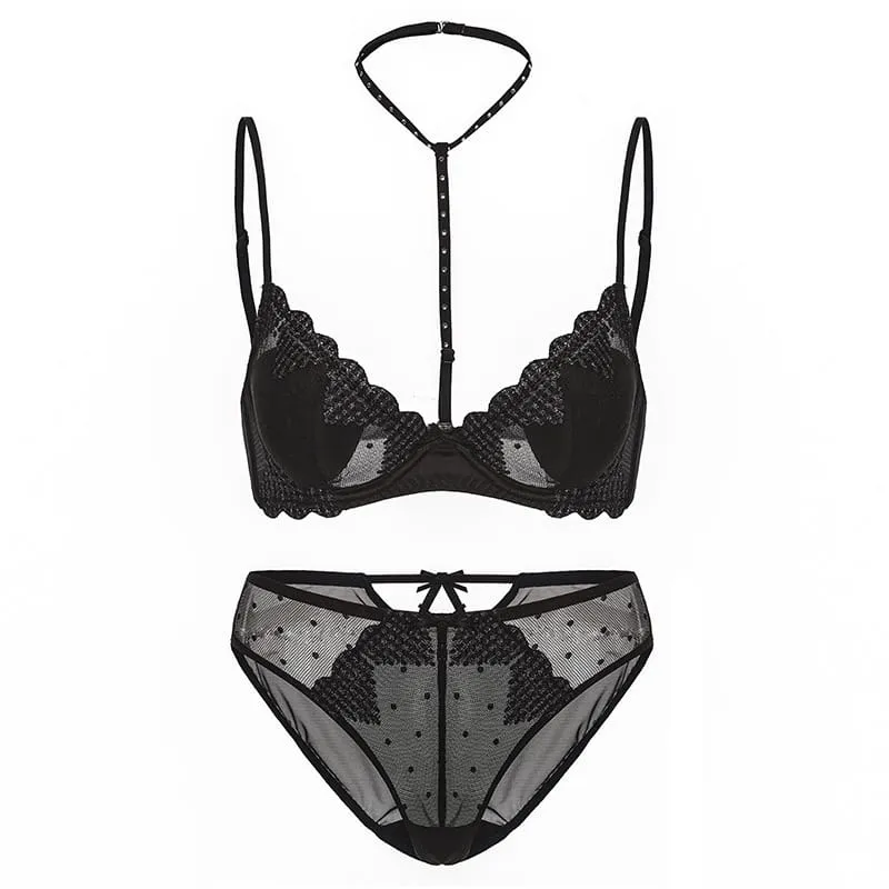Gothic-Dessous-Set für Damen mit Herzstickerei aus Mesh