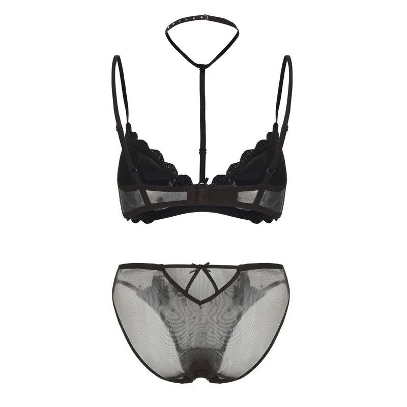 Gothic-Dessous-Set für Damen mit Herzstickerei aus Mesh