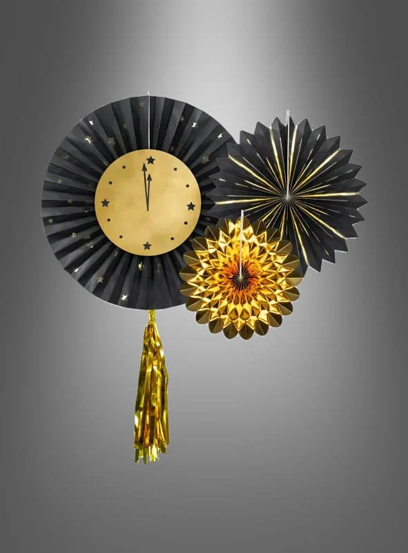 3 Papier-Rosetten schwarz-gold 23-43cm
