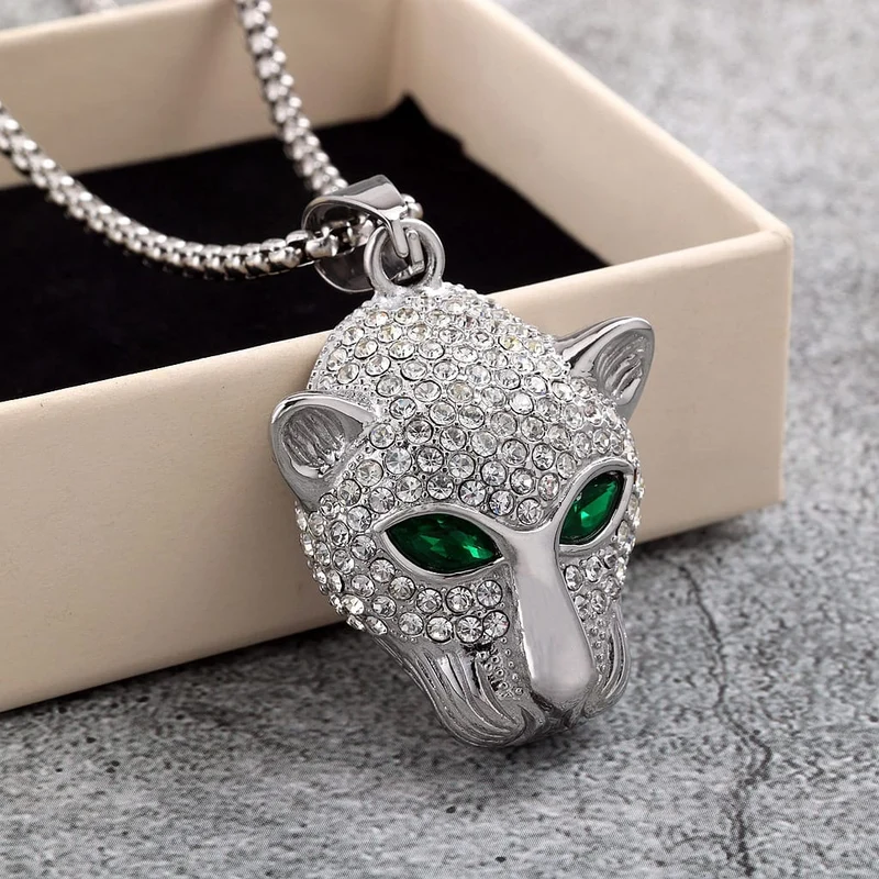 Punk-Halskette für Herren mit Diamanten, grünen Augen und Leopardenkopf