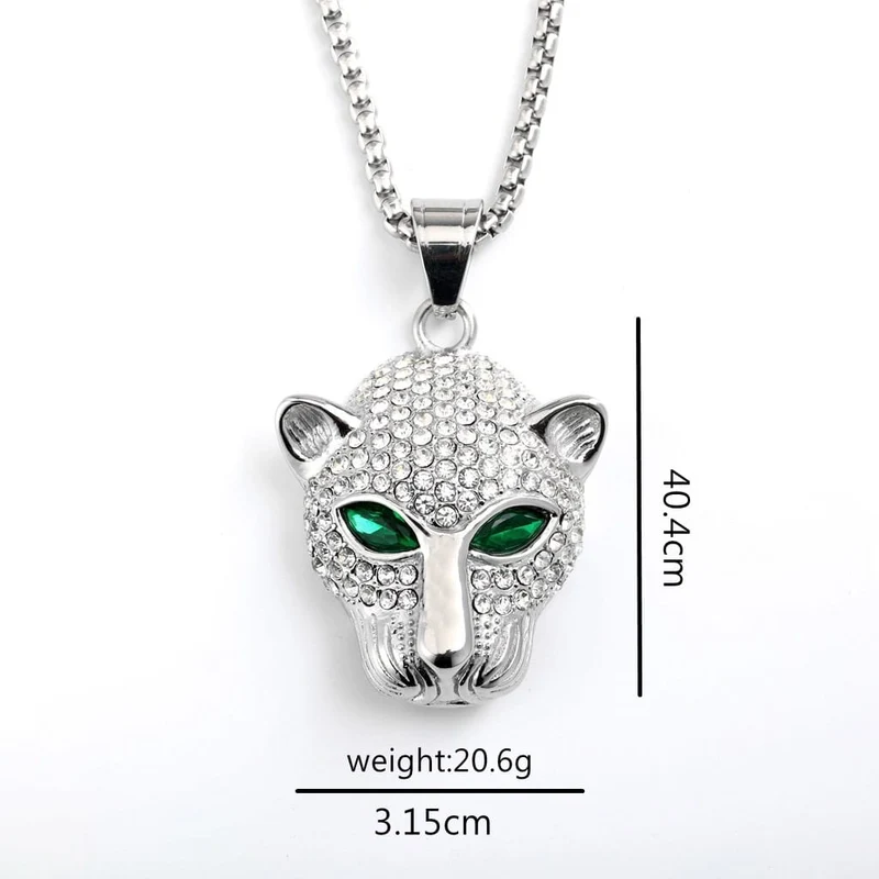 Punk-Halskette für Herren mit Diamanten, grünen Augen und Leopardenkopf