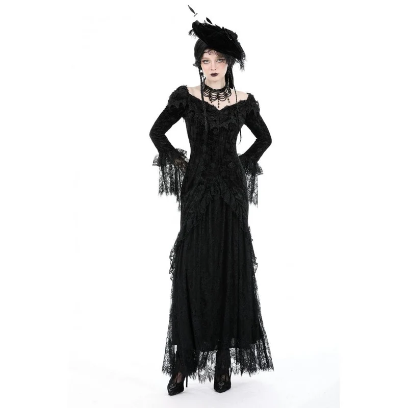 Gothic-Kleid für Damen, schulterfrei, mit Spitze und Samtbesatz, Hochzeitskleid