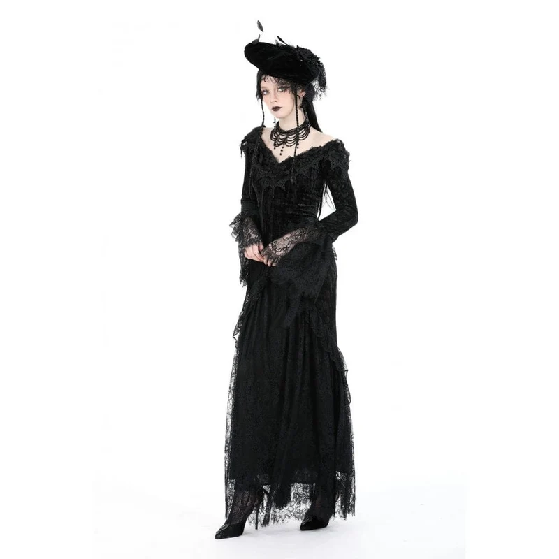 Gothic-Kleid für Damen, schulterfrei, mit Spitze und Samtbesatz, Hochzeitskleid