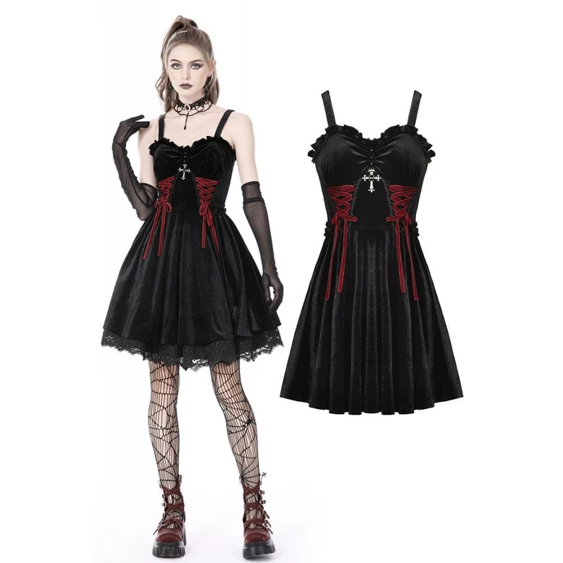 Gothic-Riemchen-Kreuz-Samt-Schlupfkleid für Damen
