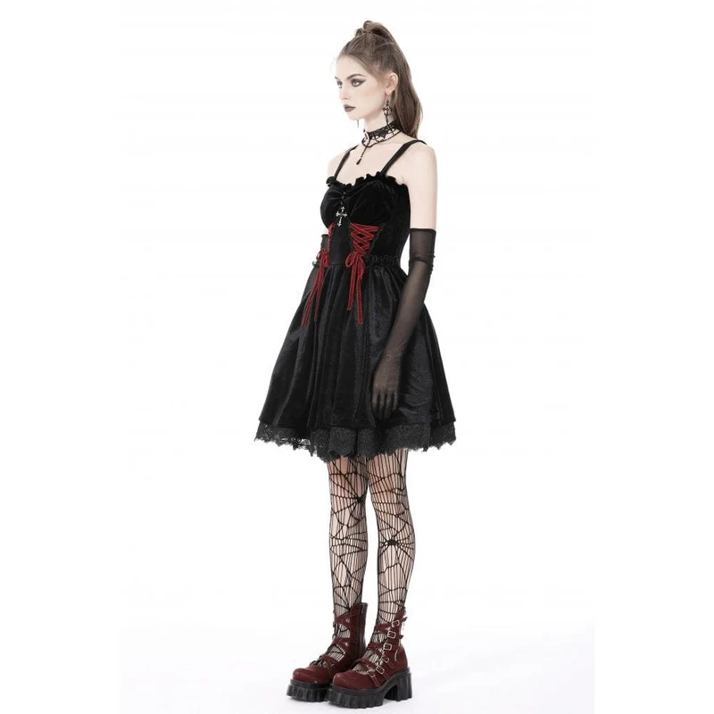 Gothic-Riemchen-Kreuz-Samt-Schlupfkleid für Damen