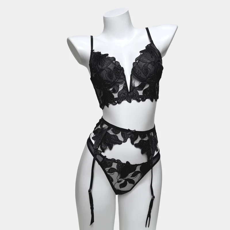 Gothic-Dessous-Set für Damen aus bestickter Spitze mit Blumenmuster