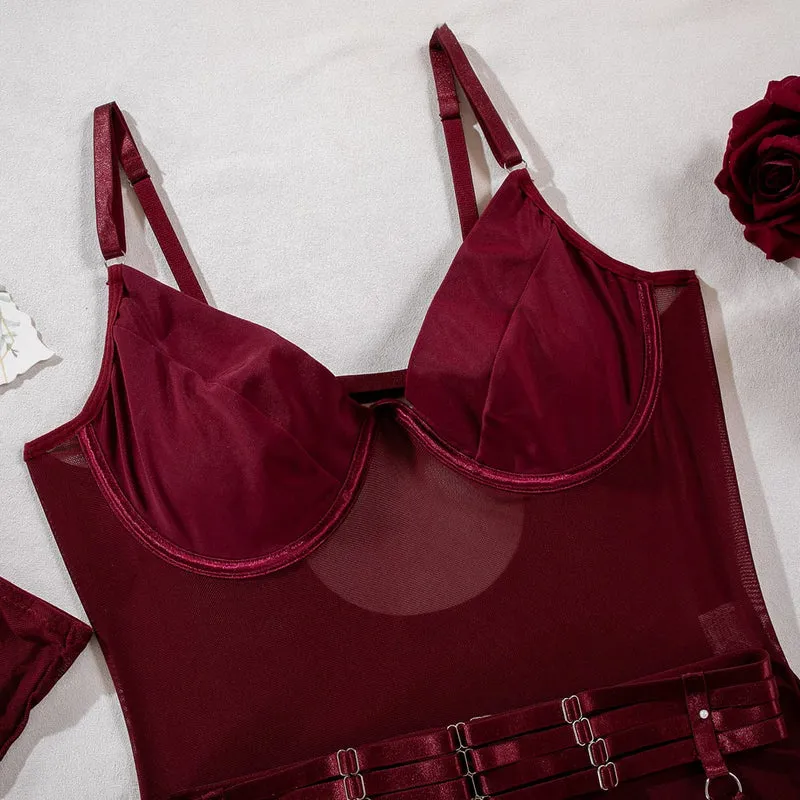 Damen-Dessous-Set aus transparentem Grunge-Mesh mit Handschuhen