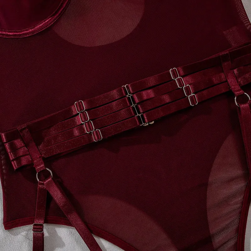 Damen-Dessous-Set aus transparentem Grunge-Mesh mit Handschuhen