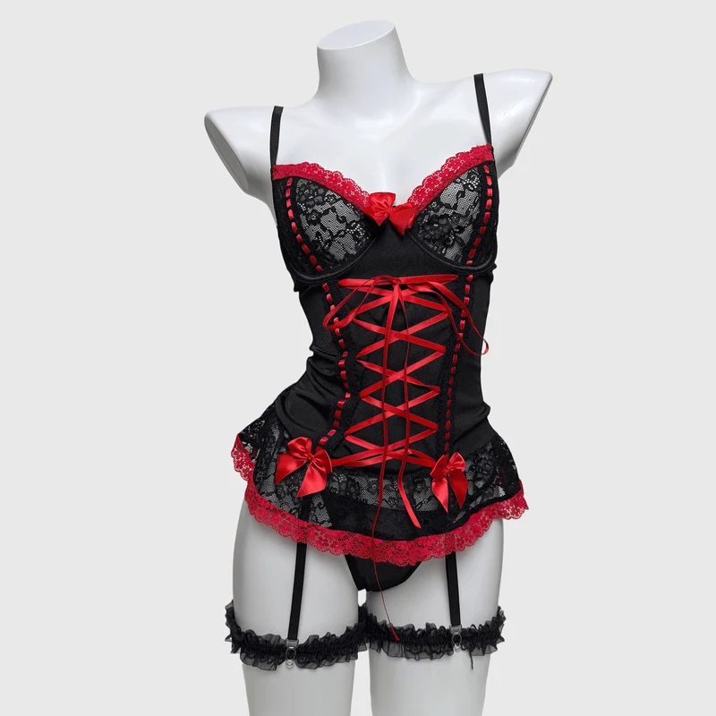 Sexy Dessous-Set mit Schnürung und Strumpfband im Grunge-Stil für Damen