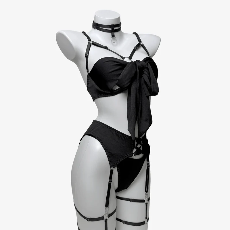 Sexy Grunge-Dessous-Set für Damen mit Schleife, Strapsen, Strumpfband und Handschuhen