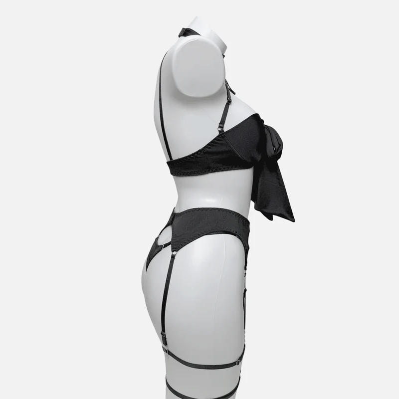 Sexy Grunge-Dessous-Set für Damen mit Schleife, Strapsen, Strumpfband und Handschuhen