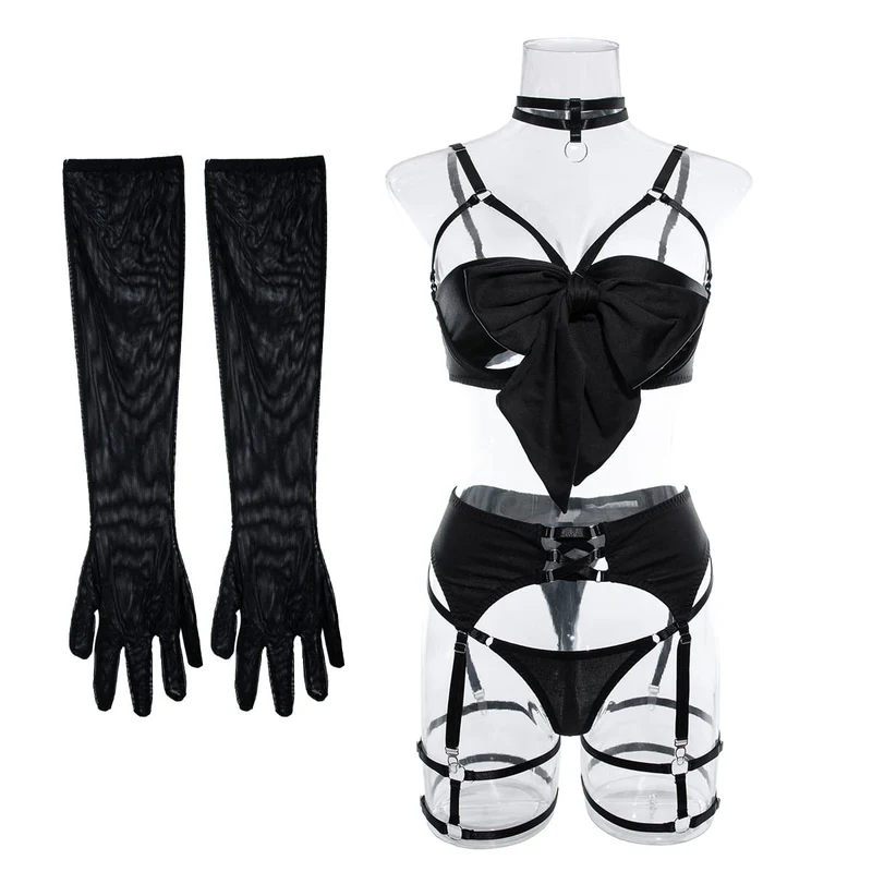 Sexy Grunge-Dessous-Set für Damen mit Schleife, Strapsen, Strumpfband und Handschuhen