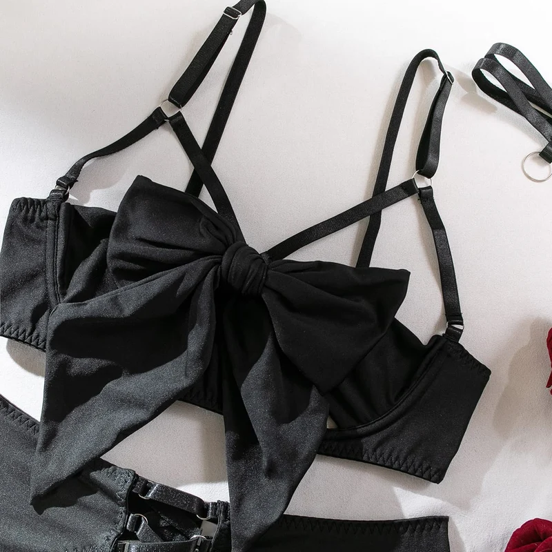 Sexy Grunge-Dessous-Set für Damen mit Schleife, Strapsen, Strumpfband und Handschuhen