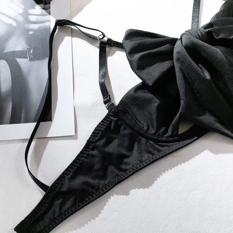 Sexy Grunge-Dessous-Set für Damen mit Schleife, Strapsen, Strumpfband und Handschuhen