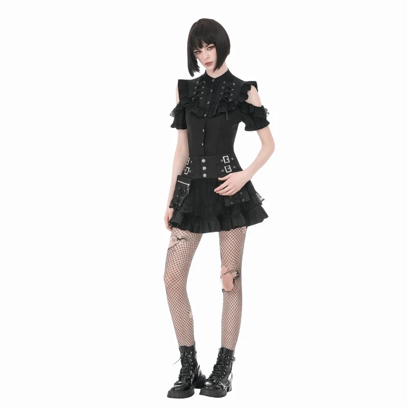 Punk-Minirock für Damen mit gekreuzten Schnürdetails, Taschen und Rüschen