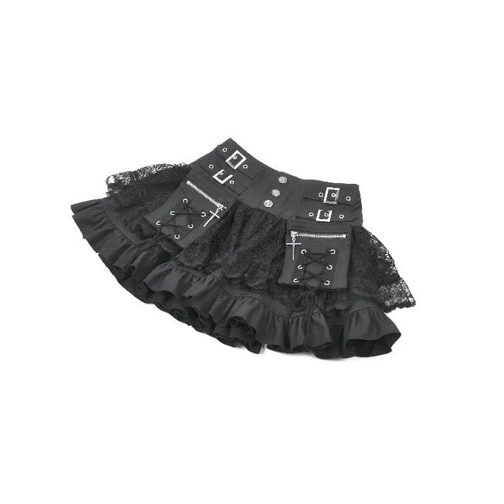 Punk-Minirock für Damen mit gekreuzten Schnürdetails, Taschen und Rüschen