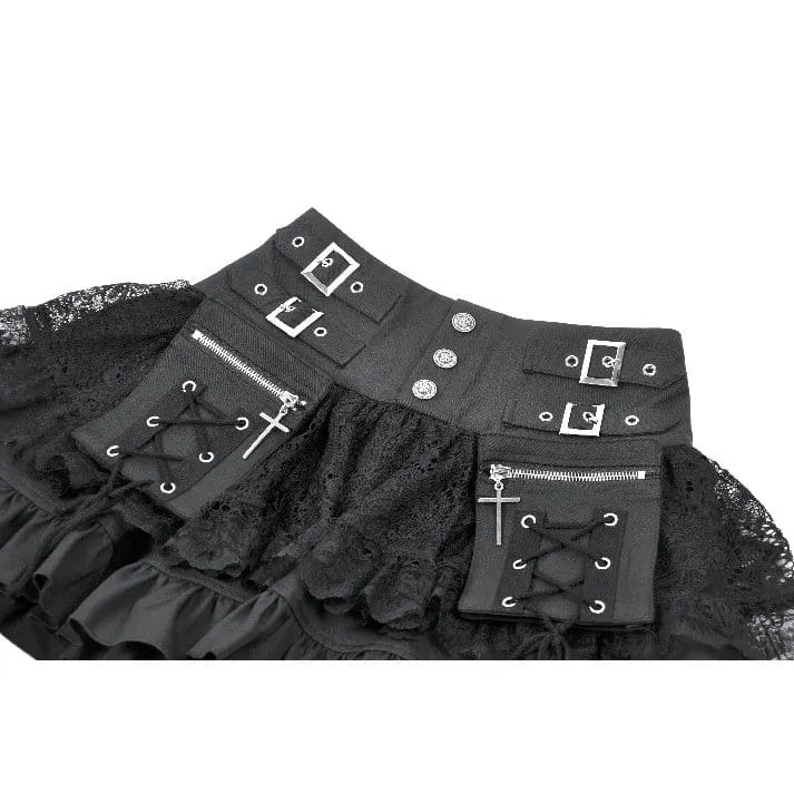 Punk-Minirock für Damen mit gekreuzten Schnürdetails, Taschen und Rüschen
