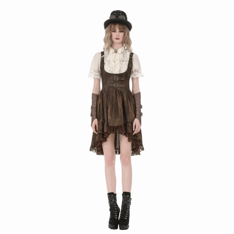 Steampunk-Damenbluse mit Spitzenbesatz, Schnürung und Puffärmeln