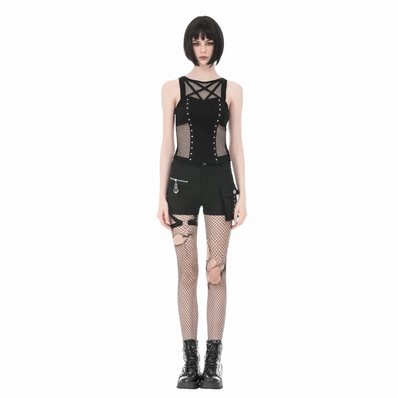 Punk-Tanktop mit Nieten und Pentagramm-Einsätzen aus Mesh für Damen