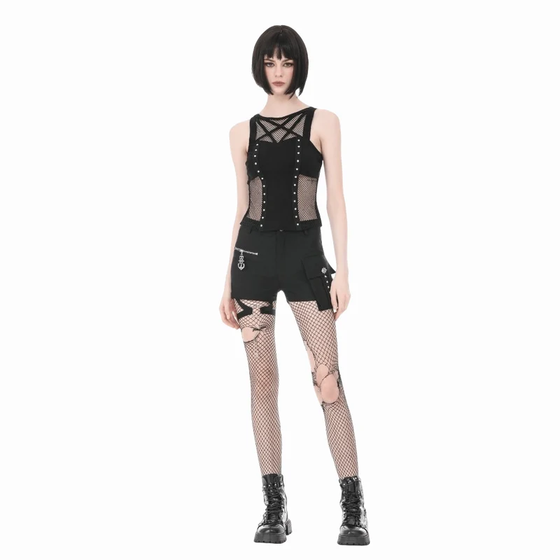 Punk-Tanktop mit Nieten und Pentagramm-Einsätzen aus Mesh für Damen