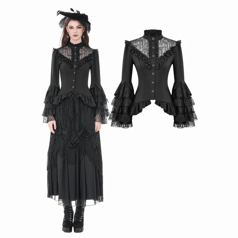 Gothic-Damenbluse mit Spitzenbesatz, Rüschen und Stehkragen