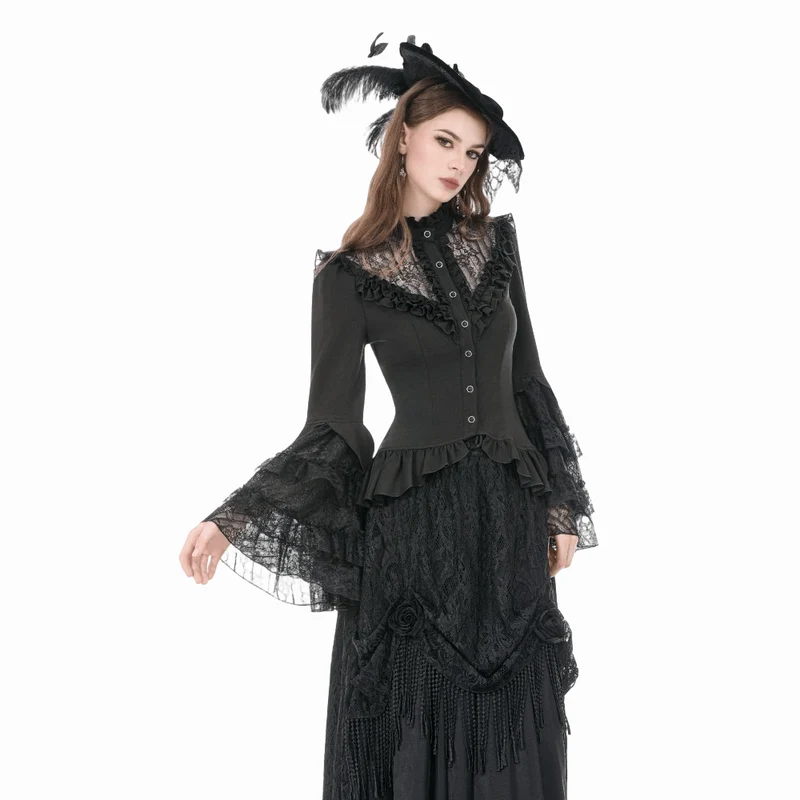 Gothic-Damenbluse mit Spitzenbesatz, Rüschen und Stehkragen