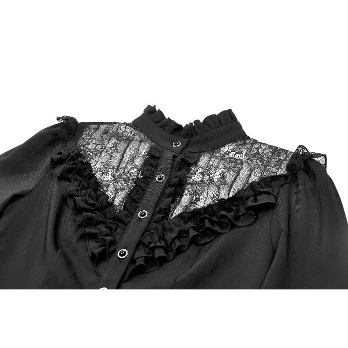 Gothic-Damenbluse mit Spitzenbesatz, Rüschen und Stehkragen