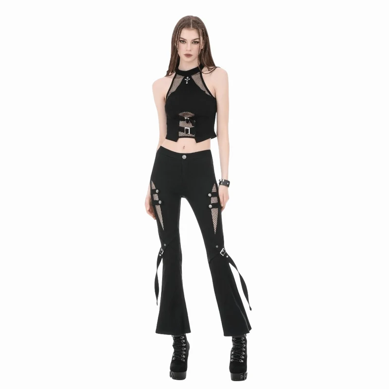 Punk-Schlaghose für Damen mit Schnallenriemen, Mesh-Patchwork-Einsätzen