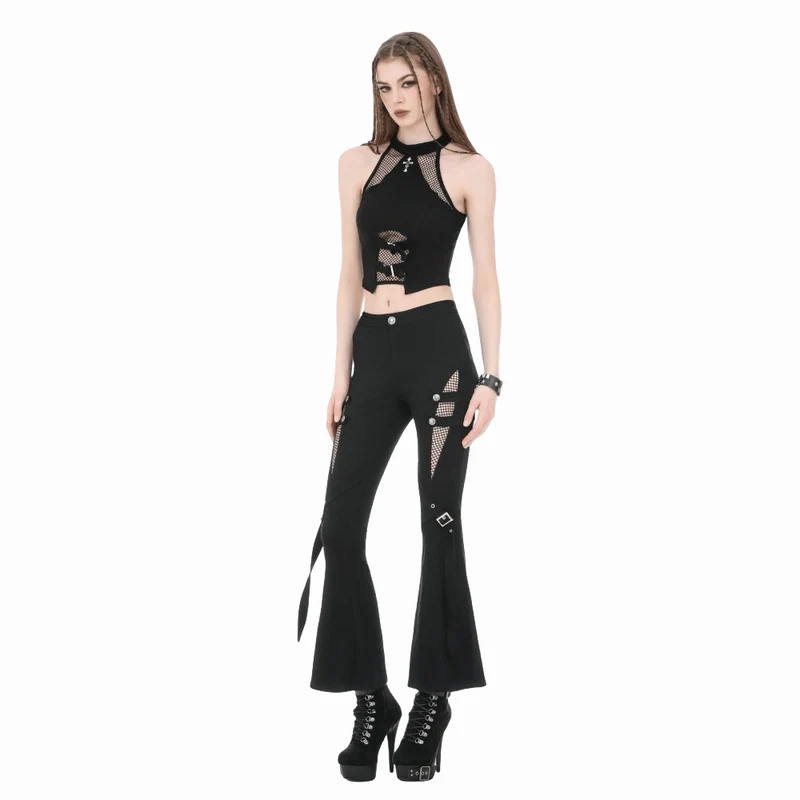 Punk-Schlaghose für Damen mit Schnallenriemen, Mesh-Patchwork-Einsätzen