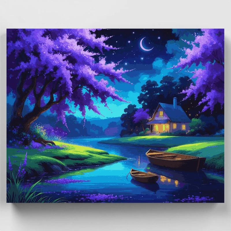 Moonlit Cottage by the Lake - Paint by Numbers Kit