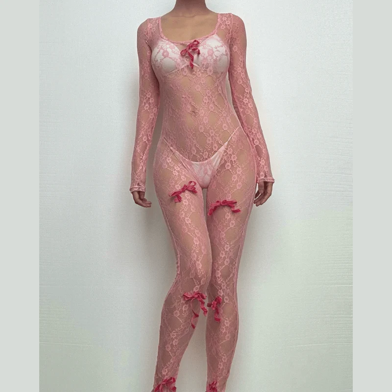Long sleeve see through bowknot lace jumpsuit-final-sale