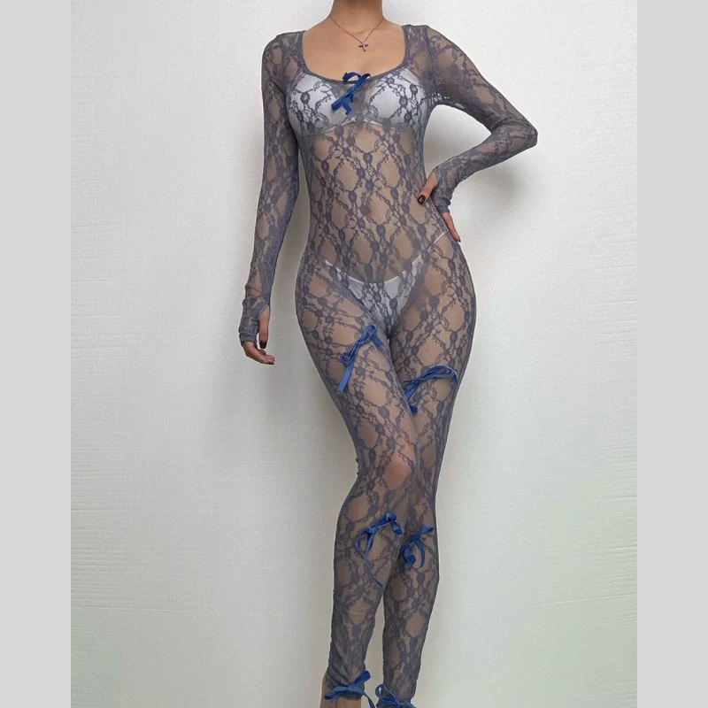 Long sleeve see through bowknot lace jumpsuit-final-sale