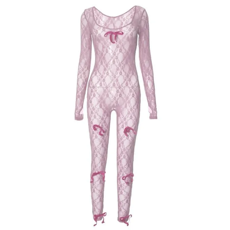Long sleeve see through bowknot lace jumpsuit-final-sale