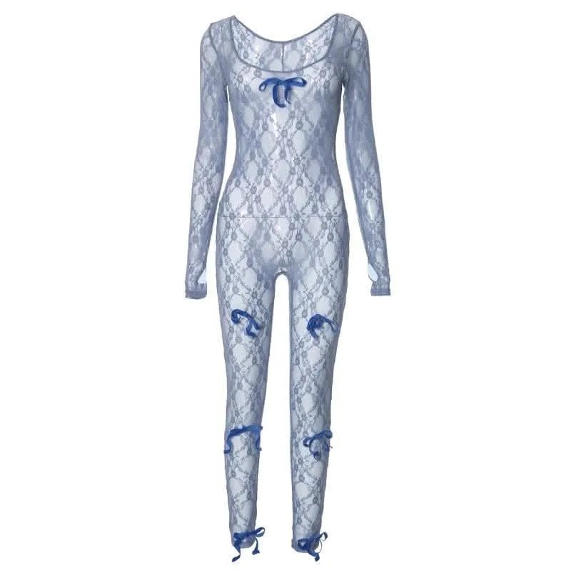 Long sleeve see through bowknot lace jumpsuit-final-sale