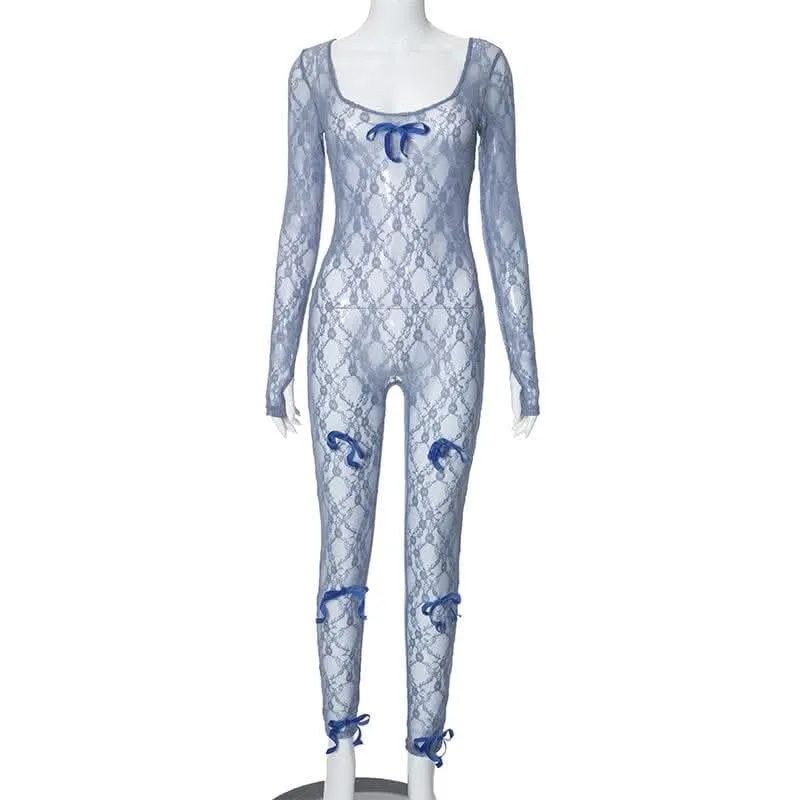 Long sleeve see through bowknot lace jumpsuit-final-sale