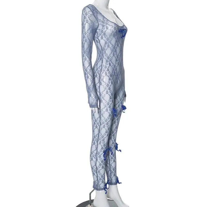 Long sleeve see through bowknot lace jumpsuit-final-sale