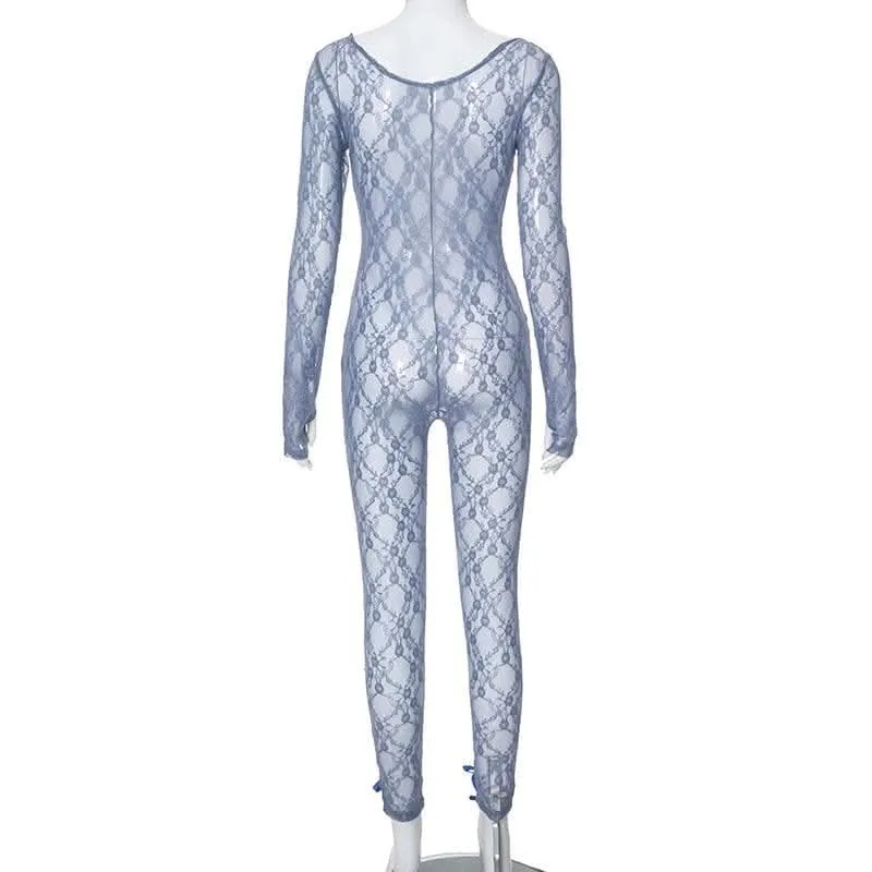 Long sleeve see through bowknot lace jumpsuit-final-sale