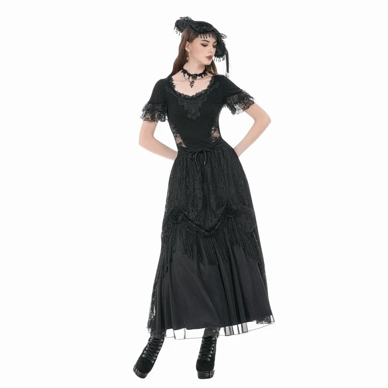 Gothic-T-Shirt für Damen mit Spitzenstickerei, eckigem Kragen und kurzen Ärmeln