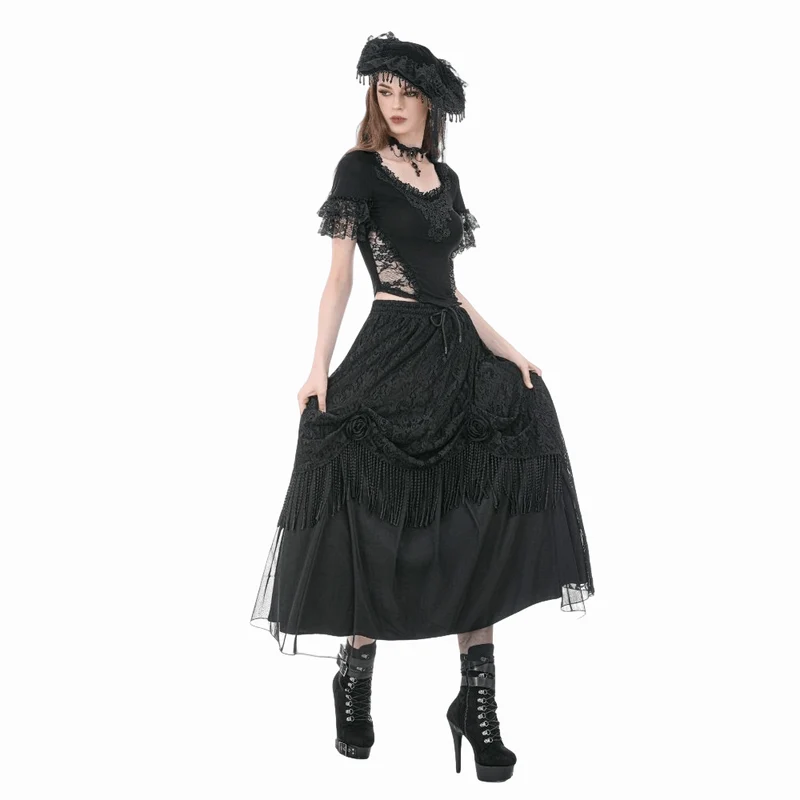 Gothic-T-Shirt für Damen mit Spitzenstickerei, eckigem Kragen und kurzen Ärmeln