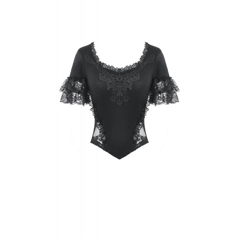 Gothic-T-Shirt für Damen mit Spitzenstickerei, eckigem Kragen und kurzen Ärmeln