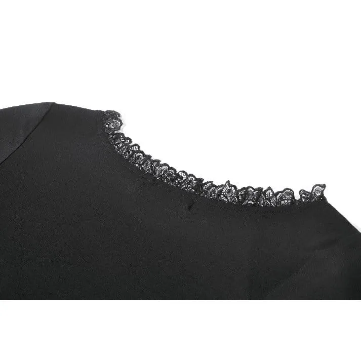 Gothic-T-Shirt für Damen mit Spitzenstickerei, eckigem Kragen und kurzen Ärmeln