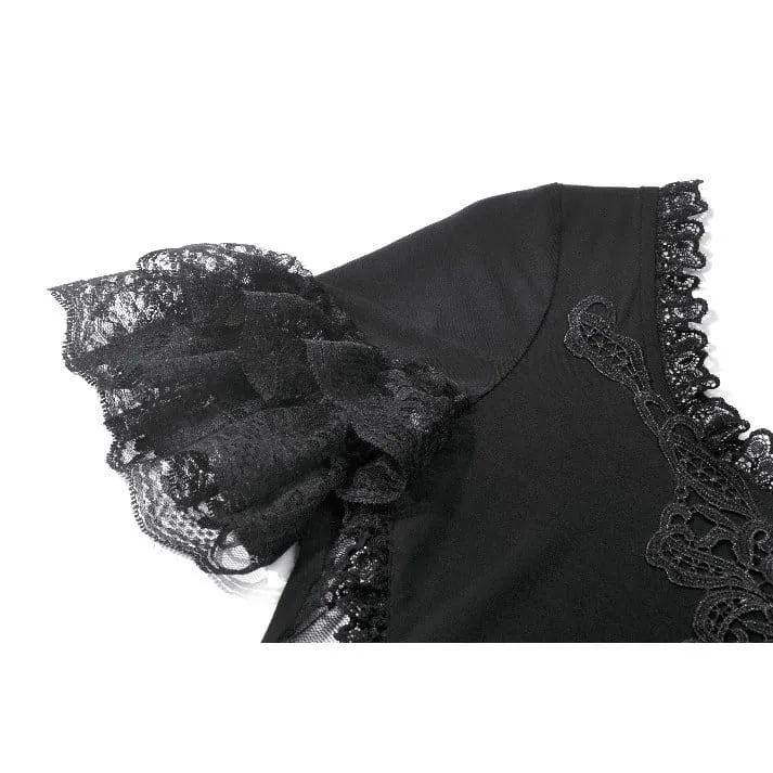 Gothic-T-Shirt für Damen mit Spitzenstickerei, eckigem Kragen und kurzen Ärmeln
