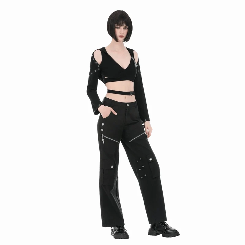 Punkiges Damen-Crop-Top mit Ösen, Kapuze, langen Ärmeln und abnehmbarer Brosche