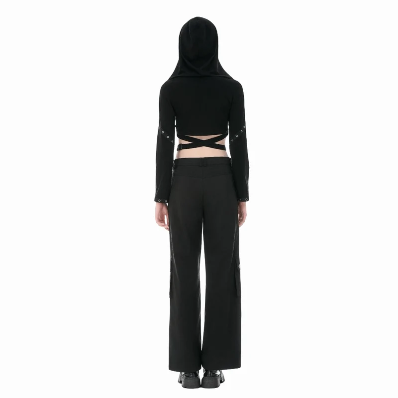 Punkiges Damen-Crop-Top mit Ösen, Kapuze, langen Ärmeln und abnehmbarer Brosche