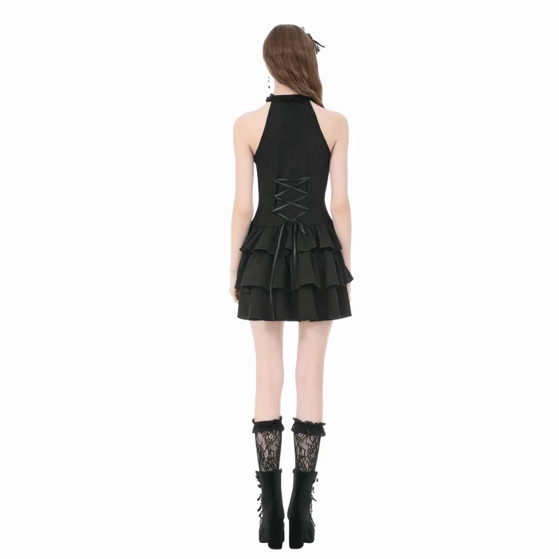 Gothic-Damenkleid mit mehreren Lagen, Rüschen und Cut-outs, Neckholder
