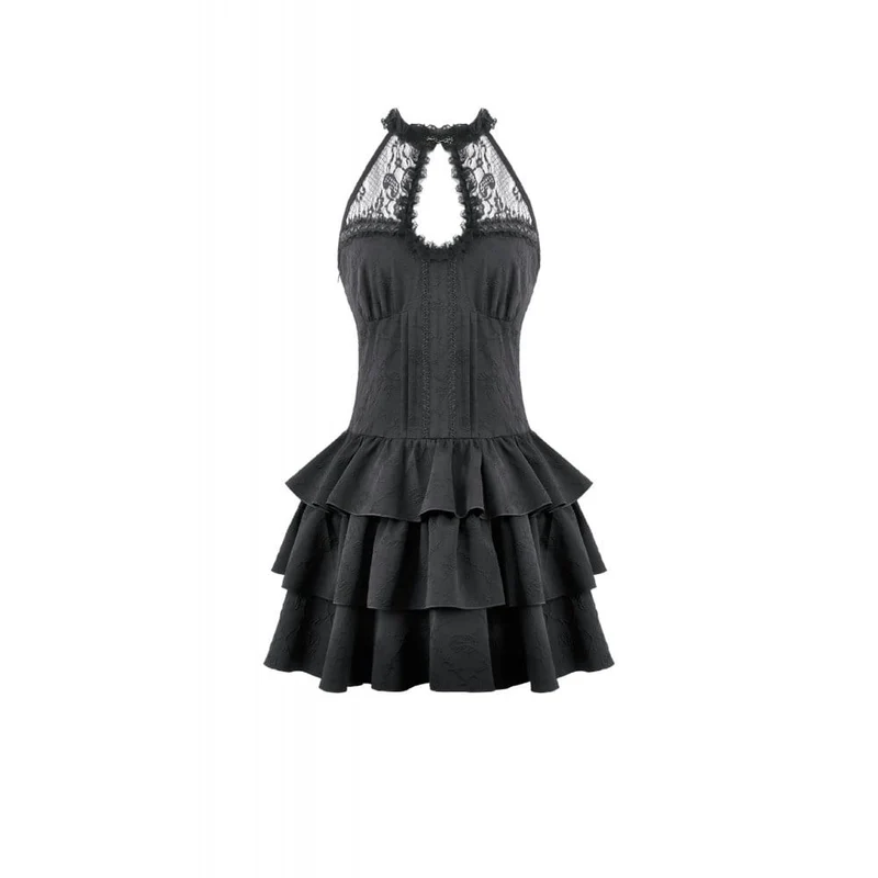 Gothic-Damenkleid mit mehreren Lagen, Rüschen und Cut-outs, Neckholder