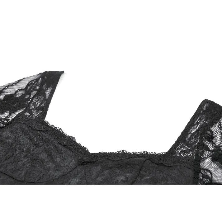 Gothic-Top für Damen mit eckigem Kragen, floraler Spitze und Glockenärmeln