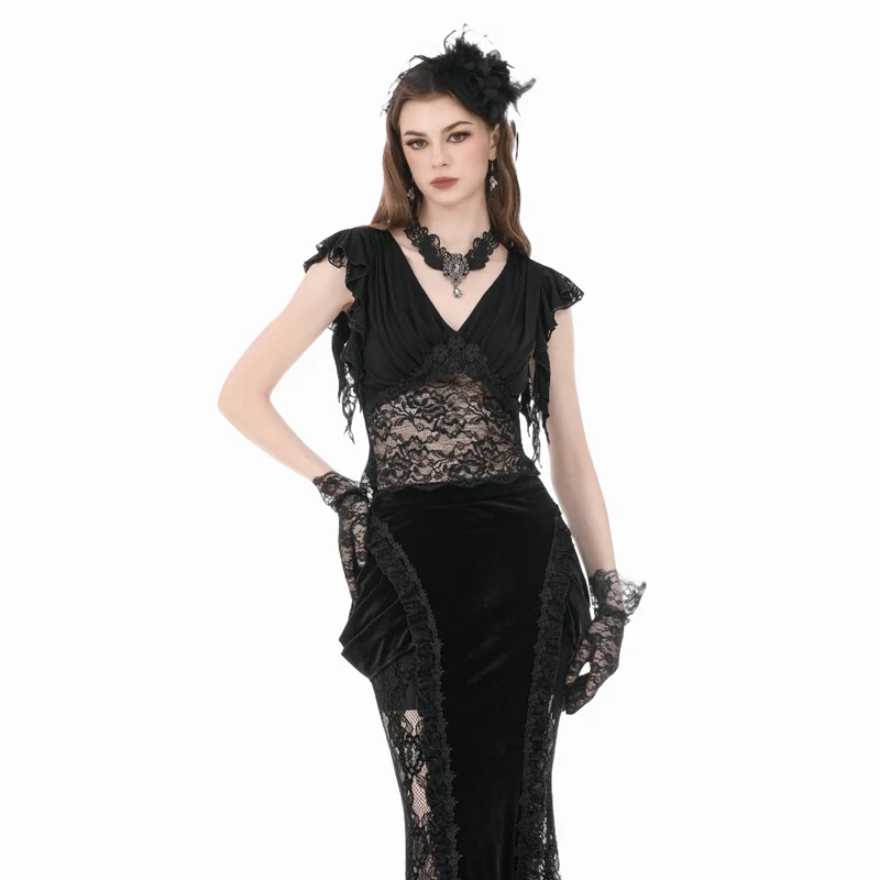 Gothic-Crop-Top für Damen mit floralem Spitzen-Patchwork und tiefem Ausschnitt