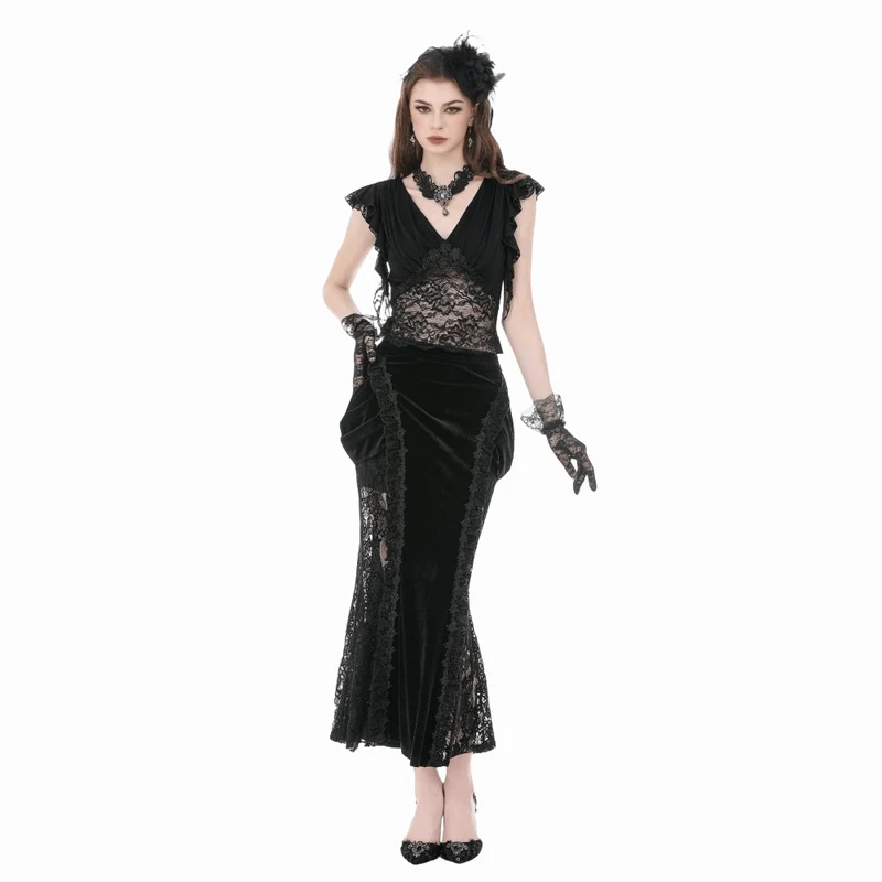 Gothic-Crop-Top für Damen mit floralem Spitzen-Patchwork und tiefem Ausschnitt